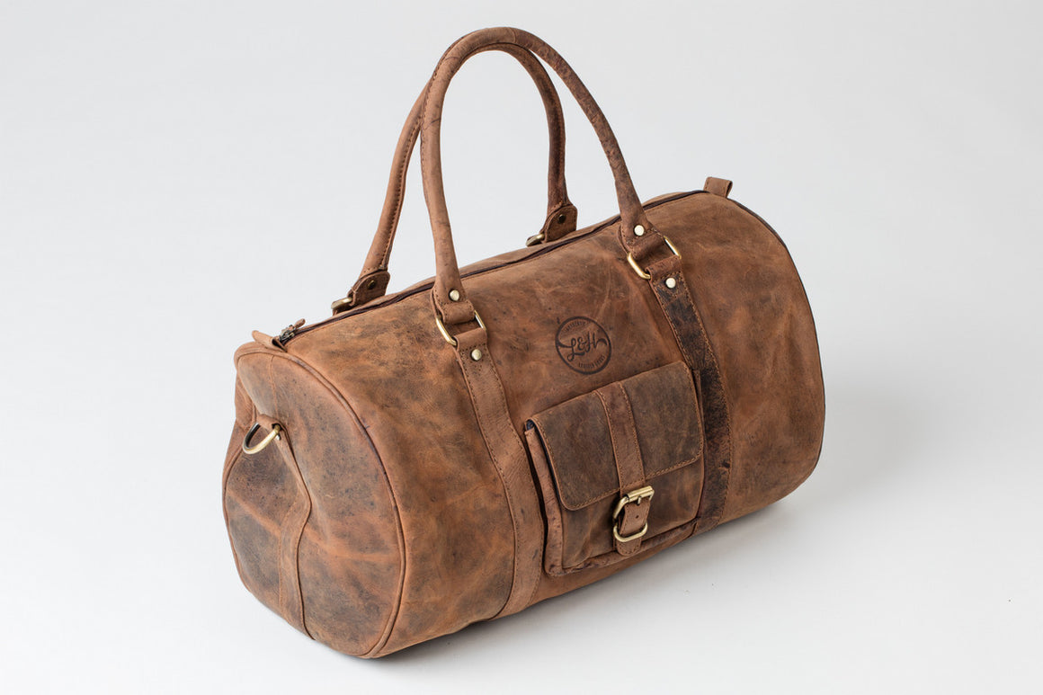 Tan leather duffel bag 