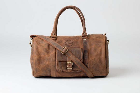 Tan leather duffel bag 