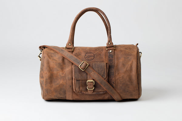 Tan leather duffel bag 