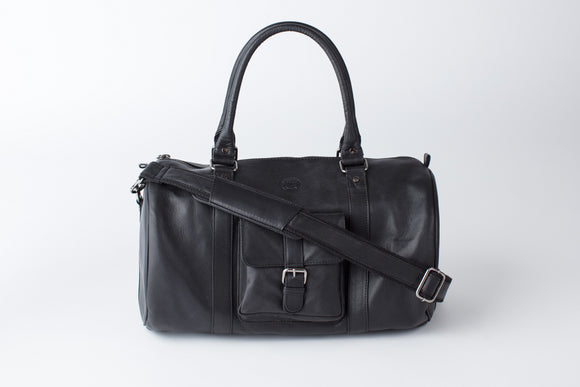 black leather duffle bag