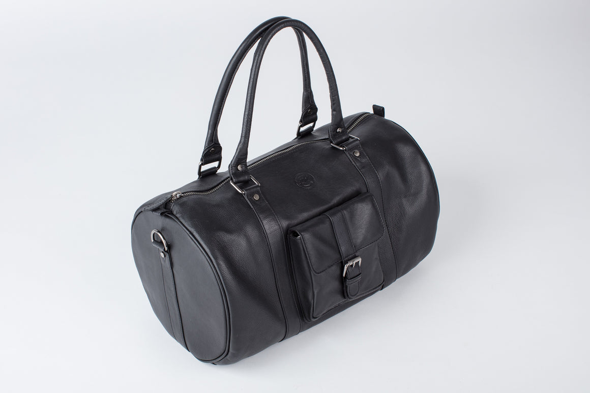 black leather duffle bag